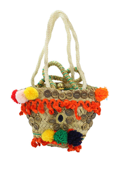Designer Womens Double Handle Embellished Wicker Basket Tote Handbag Beige Multi