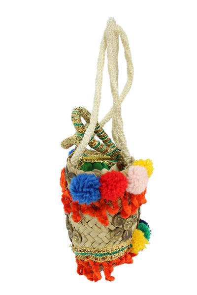 Designer Womens Double Handle Embellished Wicker Basket Tote Handbag Beige Multi