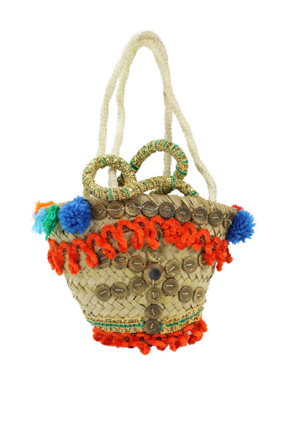 Designer Womens Double Handle Embellished Wicker Basket Tote Handbag Beige Multi