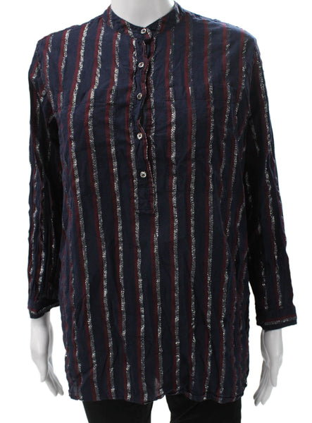 J Crew Women Tunic Blouse Blue Cotton Striped Long Sleeve Size 0