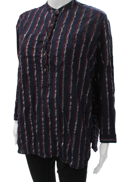 J Crew Women Tunic Blouse Blue Cotton Striped Long Sleeve Size 0