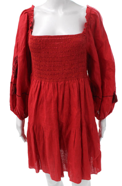 Sachin & Babi Women Red Linen Trapeze Dress Square Neck Long Sleeve Size L