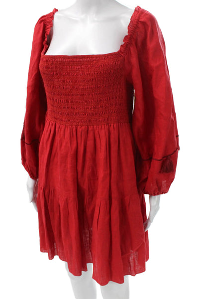 Sachin & Babi Women Red Linen Trapeze Dress Square Neck Long Sleeve Size L