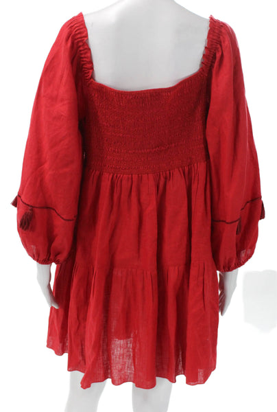 Sachin & Babi Women Red Linen Trapeze Dress Square Neck Long Sleeve Size L