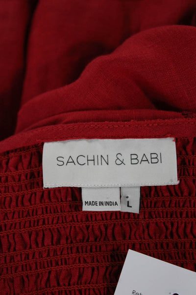 Sachin & Babi Women Red Linen Trapeze Dress Square Neck Long Sleeve Size L
