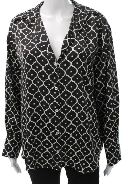 Zara Women Collared Geometric Black Long Sleeve Button Blouse Size S