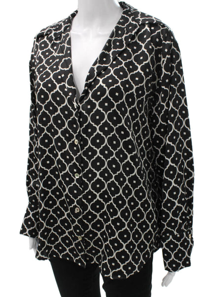 Zara Women Collared Geometric Black Long Sleeve Button Blouse Size S