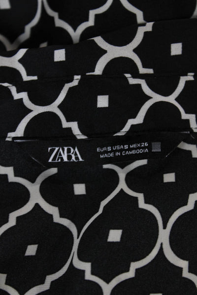 Zara Women Collared Geometric Black Long Sleeve Button Blouse Size S
