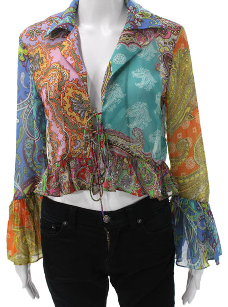 Zara Womens Cropped Collared Paisley Tie Blouse Long Sleeve Polyester Size S