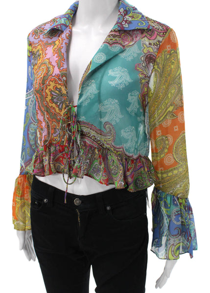 Zara Womens Cropped Collared Paisley Tie Blouse Long Sleeve Polyester Size S