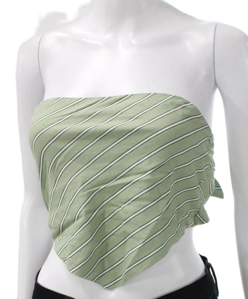 Zara Women Cropped Linen Blend Green Striped Square Neck Tank Size M