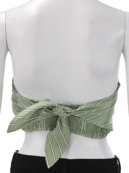 Zara Women Cropped Linen Blend Green Striped Square Neck Tank Size M