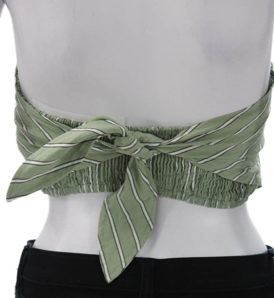Zara Women Cropped Linen Blend Green Striped Square Neck Tank Size M