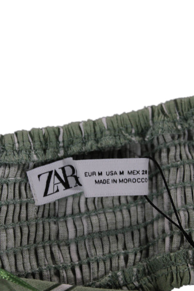 Zara Women Cropped Linen Blend Green Striped Square Neck Tank Size M