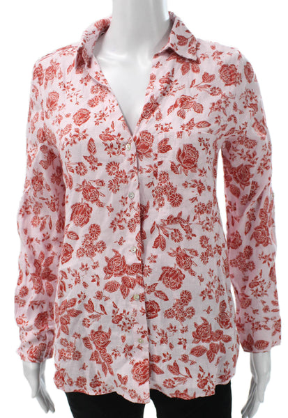 Zara Women Collared Linen Floral Button-Up Long Sleeve Top Pink Size M