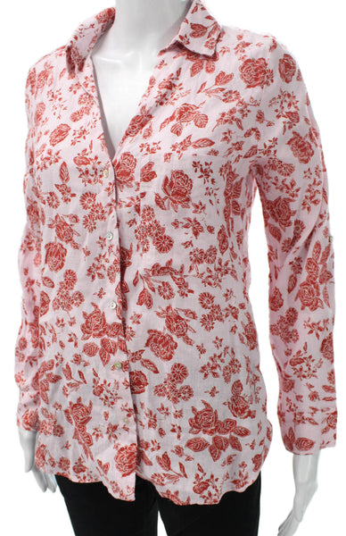 Zara Women Collared Linen Floral Button-Up Long Sleeve Top Pink Size M