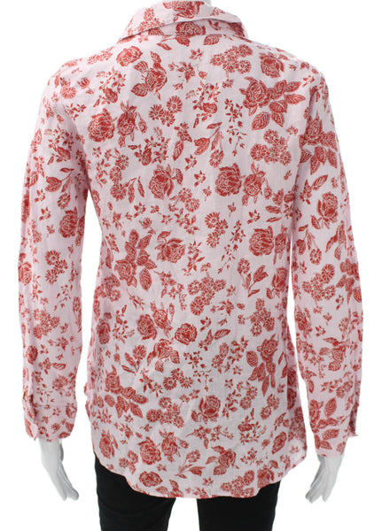 Zara Women Collared Linen Floral Button-Up Long Sleeve Top Pink Size M