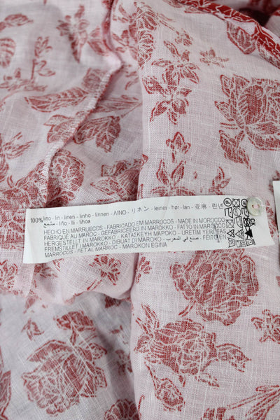 Zara Women Collared Linen Floral Button-Up Long Sleeve Top Pink Size M