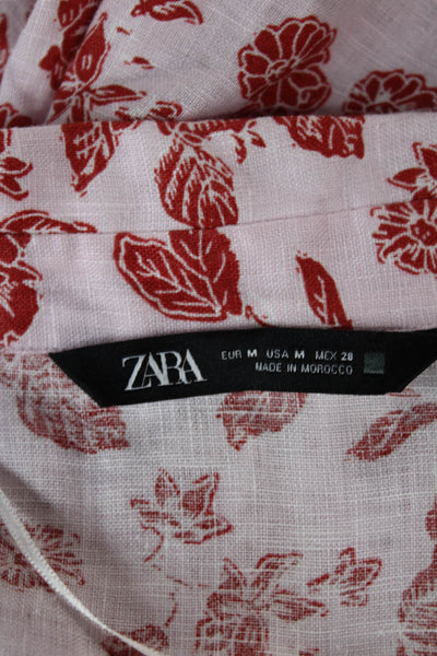 Zara Women Collared Linen Floral Button-Up Long Sleeve Top Pink Size M