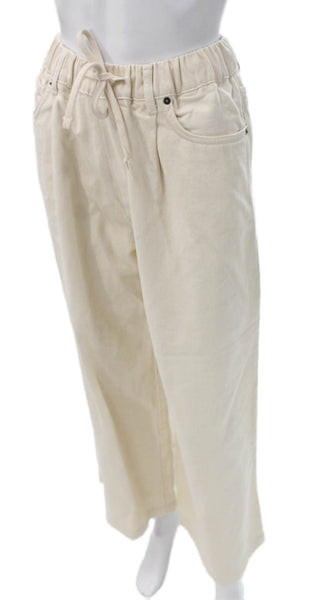 Zara Women Cropped High Rise Pants Beige Cotton Drawstring Size XS