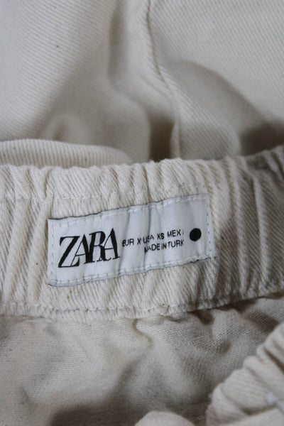 Zara Women Cropped High Rise Pants Beige Cotton Drawstring Size XS