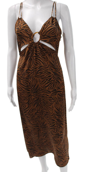 Zara Women Maxi Dress Brown Animal Print V-Neck Sleeveless Size S
