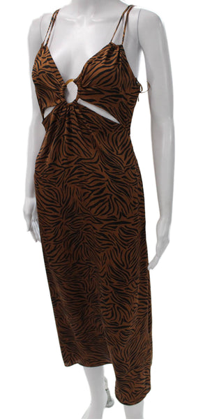Zara Women Maxi Dress Brown Animal Print V-Neck Sleeveless Size S