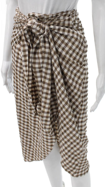 Zara Women Wrap Skirt Long Brown Check Tie Waist Size M