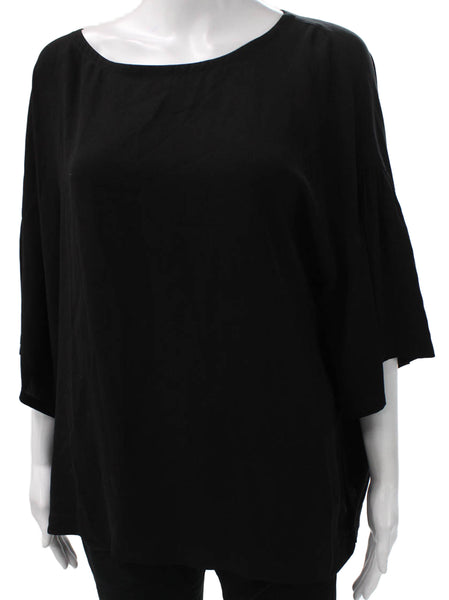 Eileen Fisher Women Silk Boat Neck Tunic Blouse Black 3/4 Sleeve Size M