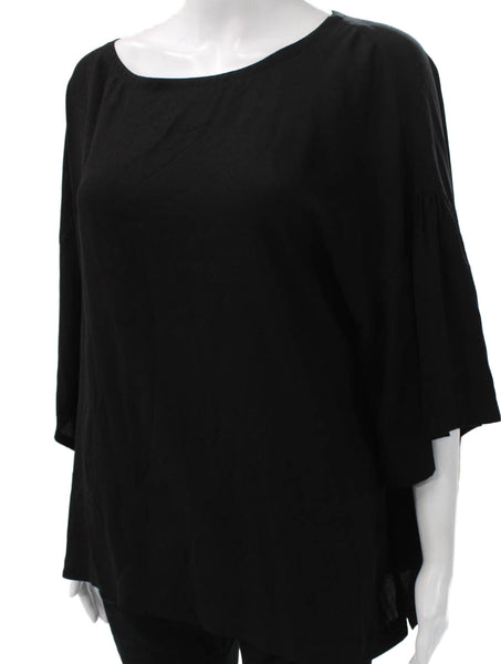 Eileen Fisher Women Silk Boat Neck Tunic Blouse Black 3/4 Sleeve Size M