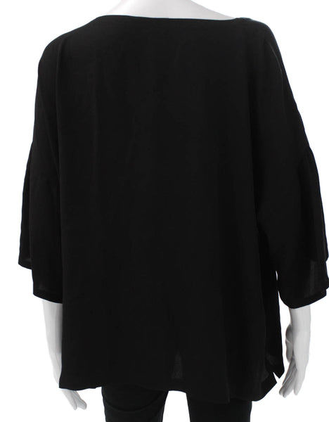 Eileen Fisher Women Silk Boat Neck Tunic Blouse Black 3/4 Sleeve Size M