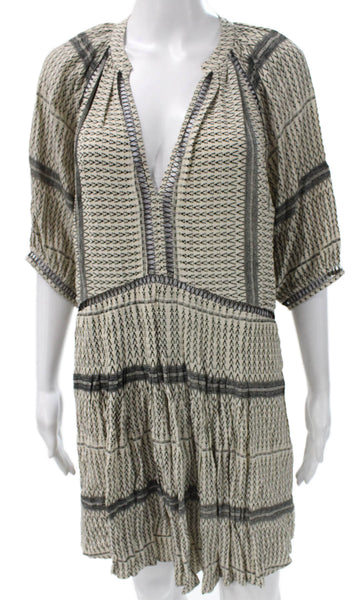 Magali Pascal Womens Shift Dress Beige V-Neck Half Sleeve Geometric Rayon Size M