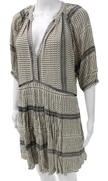 Magali Pascal Womens Shift Dress Beige V-Neck Half Sleeve Geometric Rayon Size M