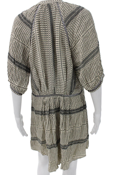 Magali Pascal Womens Shift Dress Beige V-Neck Half Sleeve Geometric Rayon Size M