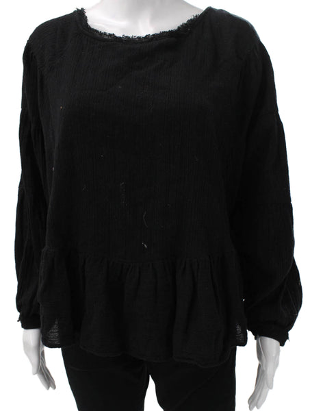 Free People Womens Tunic Blouse Black Cotton Long Sleeve Round Neck Tie Size M