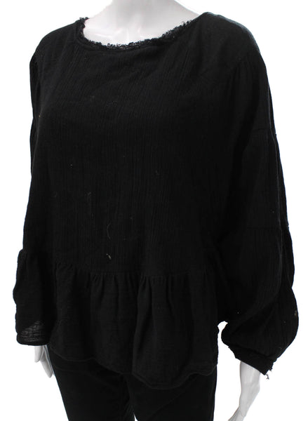 Free People Womens Tunic Blouse Black Cotton Long Sleeve Round Neck Tie Size M