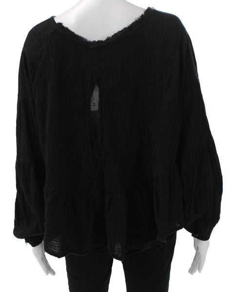 Free People Womens Tunic Blouse Black Cotton Long Sleeve Round Neck Tie Size M
