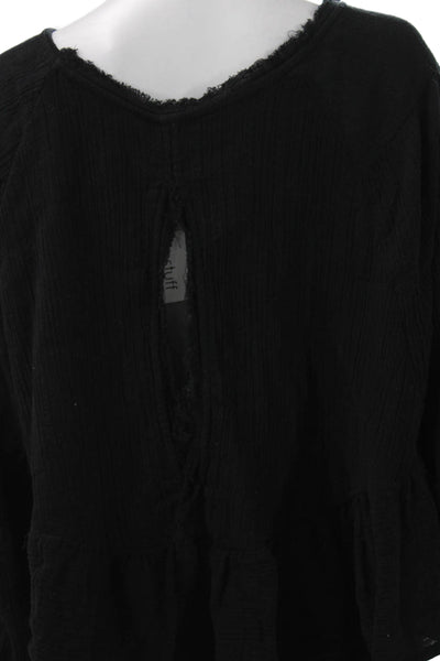 Free People Womens Tunic Blouse Black Cotton Long Sleeve Round Neck Tie Size M
