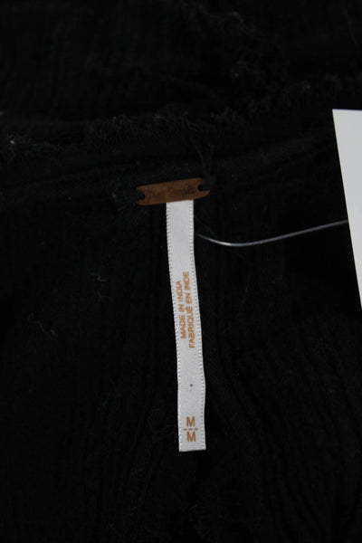 Free People Womens Tunic Blouse Black Cotton Long Sleeve Round Neck Tie Size M