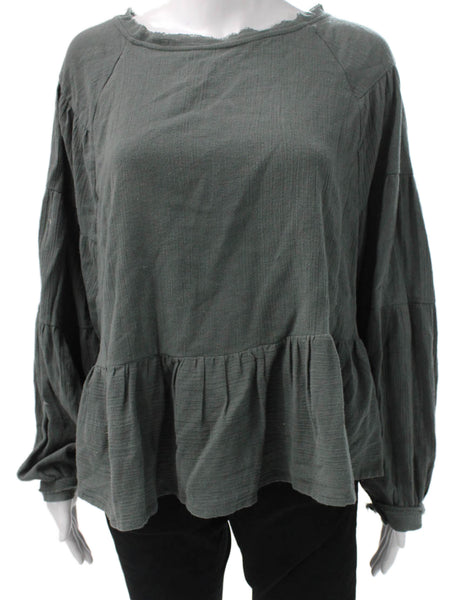 Free People Womens Tunic Blouse Green Cotton Long Sleeve Round Neck Size M