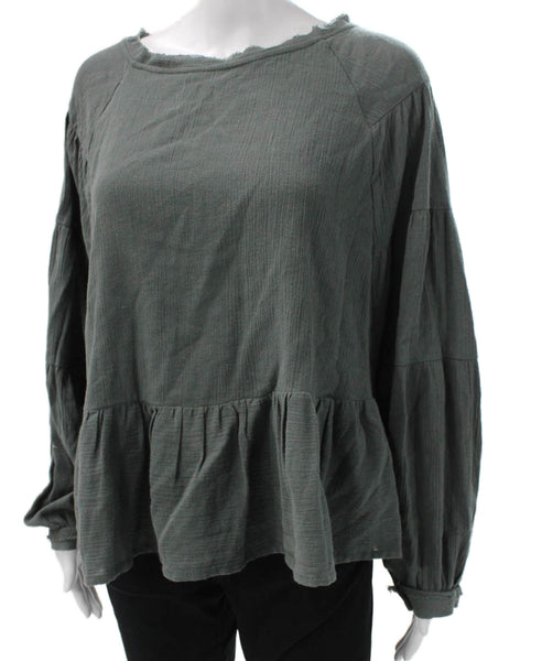 Free People Womens Tunic Blouse Green Cotton Long Sleeve Round Neck Size M