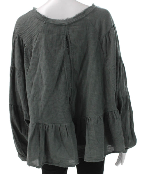 Free People Womens Tunic Blouse Green Cotton Long Sleeve Round Neck Size M