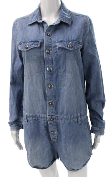 Free People Womens Collared Button Cotton Romper Long Sleeve Blue Petite Size S