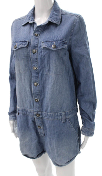 Free People Womens Collared Button Cotton Romper Long Sleeve Blue Petite Size S