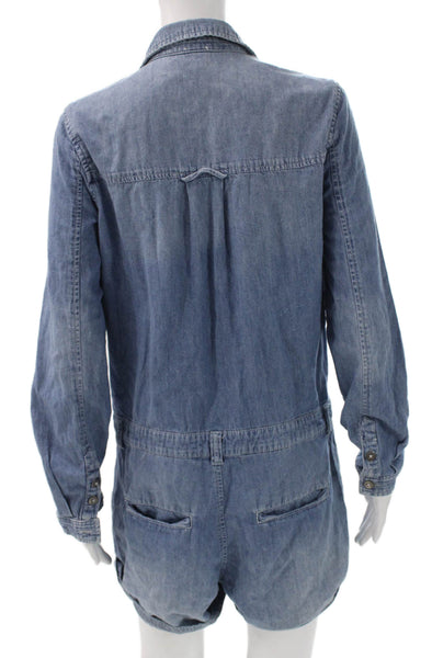 Free People Womens Collared Button Cotton Romper Long Sleeve Blue Petite Size S
