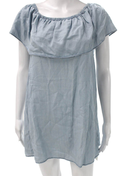 BB Dakota Womens Off Shoulder Blue Shift Dress Short Sleeve Knee Length Size XS