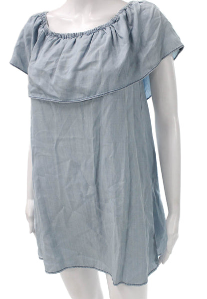 BB Dakota Womens Off Shoulder Blue Shift Dress Short Sleeve Knee Length Size XS