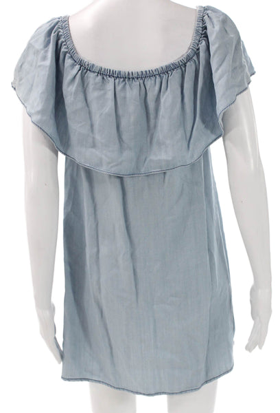 BB Dakota Womens Off Shoulder Blue Shift Dress Short Sleeve Knee Length Size XS