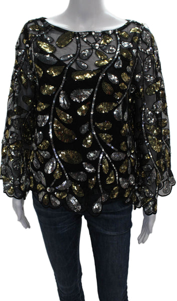 Trina Turk Womens Black Floral Boat Neck Long Sleeve Basic Blouse Size M