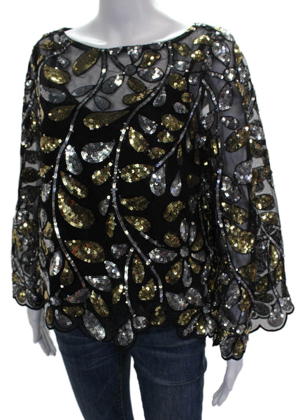Trina Turk Womens Black Floral Boat Neck Long Sleeve Basic Blouse Size M